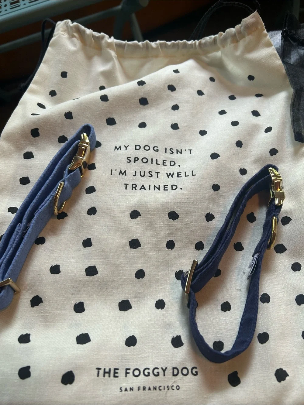 2 The Foggy Dog Adjustable Dog Collars - Navy and light blue. Small